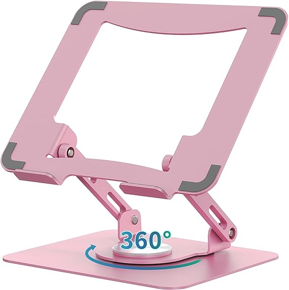 SOUNDANCE Laptop Stand with 360° Rotating Base, Ergonomic Computer Riser for Desk, Adjutable Height Muti-Angle, Foldable Laptop Mount, Stable Metal Holder Support 10-15.6" Notebook PC, Pink