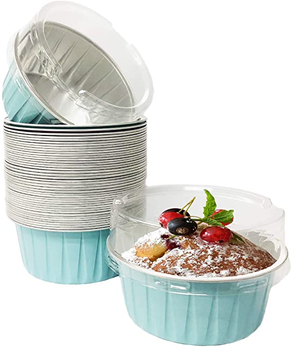 Prudance 50pcs 125ml 5oz Disposable Ramekins, Aluminum Foil Cups with Lids Muffin Cupcake Baking Cups Ramekins for Baking Foil Cupcake Baking Cups (Light Blue)