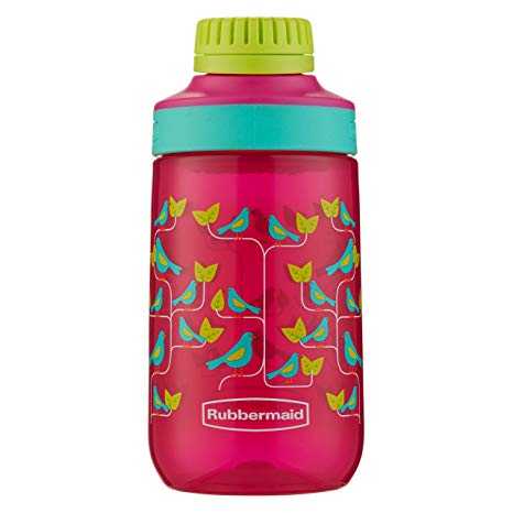 Rubbermaid Leak-Proof Chug Kids Water Bottle, 14 oz, Tart Pink with Birds on Vine Graphic