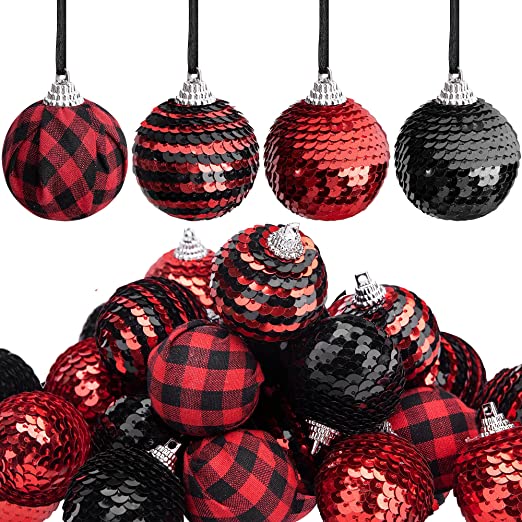 Deloky 24 PCS Christmas Sequin Hanging Ball Ornaments-1.6 Inch Christmas Black and Red Buffalo Plaid Ball-Glitter Farmhouse Ball Ornaments for Xmas Tree Fall Party Decor