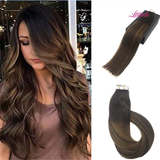 Labhair 20inch Balayage Human Hair Seamless Tape in Hair Extension 20pcs 50g/set,Highlight color #2 Fading to Dark Brown Mixed Ash Blonde for Women
