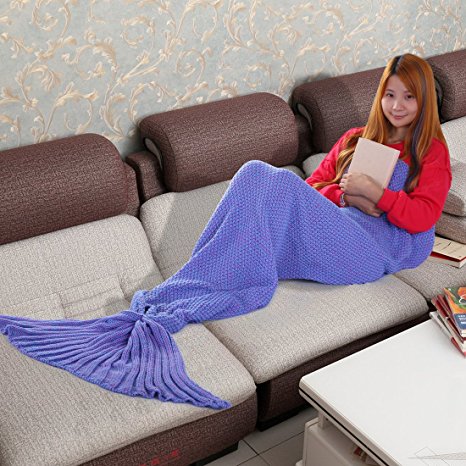 Balichun Knitted Mermaid Tail Blanket for Kids(Purple,23.6x55 inch)