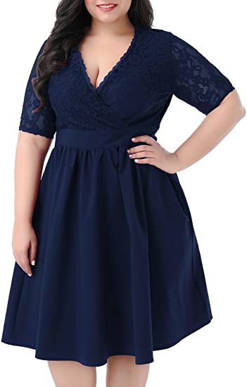 Nemidor Women's Half Sleeves V-Neckline Lace Top Plus Size Cocktail Party Swing Dress