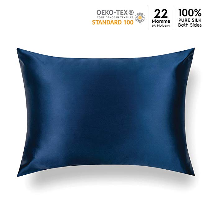 Tafts 22mm 100% Pure Mulberry Silk Pillowcase for Hair and Skin, Hypoallergenic, Both Sides Grade 6A Long Fiber Natural Silk Pillow Case, Concealed Zipper, Queen 20x30 inch, Navy Blue