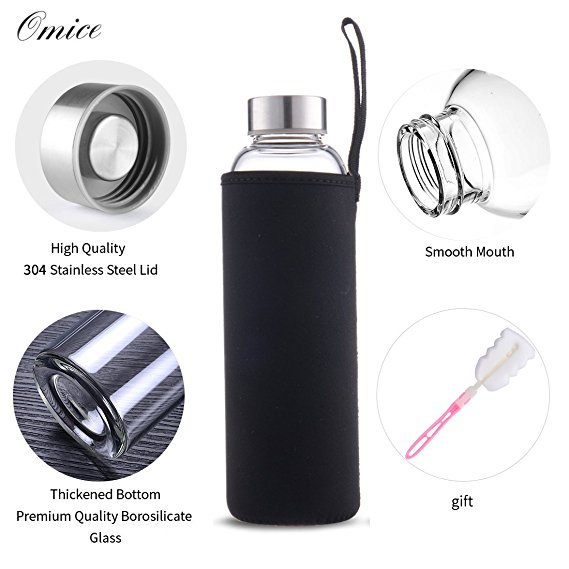 OMICE Glass Water Bottle BPA-Free Top Quality Borosilicate Glass 18 oz with Stainless Steel Leak-proof Cap,Nylon Sleeve and Gift Sponge Brush