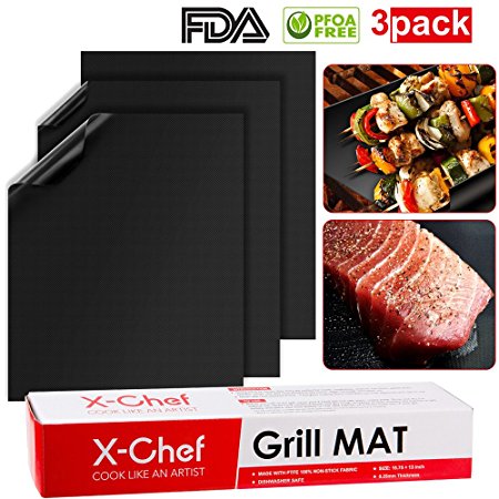 Grilling Mat, X-Chef Set of 3 Non-Stick BBQ Grill Mat, Heavy Duty and Dishwasher Safe, Work on Electric and Gas Grill, FDA Approved, Black