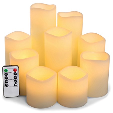 RY King Set of 9 Large Pillar Real Wax Flameless LED Battery Operated Flickering Electric Candles with Timer and 10-key Remote Control