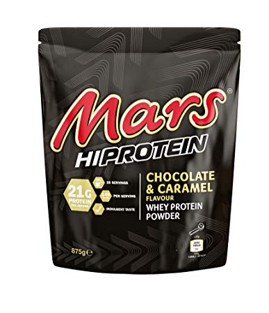 Mars Hi Protein Chocolate and Caramel Flavour Whey Protein Powder 875g Pouch, Contains 25 Servings, 21g Protein Per Serving, Suitable for Vegetarians