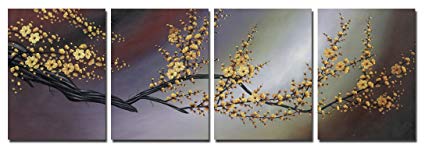 Wieco Art Plum Blossom Large Modern 4 Panels Gallery Wrapped Contemporary Floral Giclee Canvas Prints Gold Flowers Pictures Paintings on Canvas Wall Art Ready to Hang for Home Office Decor L