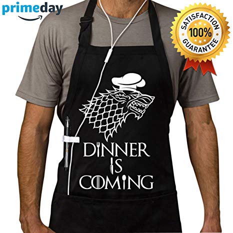 Grill Aprons Kitchen Chef Bib - Famgem Dinner is Coming Professional for BBQ, Baking, Cooking for Men Women/100% Cotton, Adjustable 3 Pockets, Black