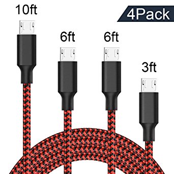 AOFU Micro USB Cable,4Pack 3FT 6FT 6FT 10FT Long Nylon Braided High Speed 2.0 USB to Micro-USB Charging Cables Android Fast Charger Cord for Samsung Galaxy S7 Edge/S6/S4, Note 5/4,(Black Red)