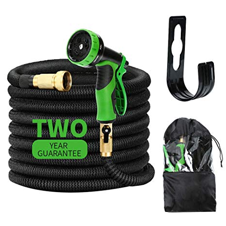Kugoplay 50 ft Garden Hose 9 Patterns Hose Nozzle - Pressure Expanding Water Hose with Leakproof Solid Brass Fittings, Flexible Expandable Hose with Double Latex Core Extra Strength Fabric