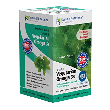 NSF Certified Clinical Strength Vegetarian Omega 3s + Co Q10: Non Fish Premium Heart Support Formula: 600mg of active EPA/DHA from algae oil with Piperine enhancing Extra bio available 100 mg CoQ10 in Plant based Vegetarian Soft Gels. No Fishy Character, 300 % More Omega 3s than Krill oil.