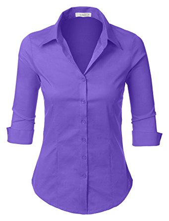 LE3NO Womens Roll Up 3/4 Sleeve Button Down Shirt with Stretch