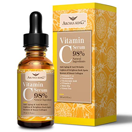Aroma King Vitamin C Serum for Face with Hyaluronic Acid & Vitamin E, Anti Aging Anti Wrinkle Lighten & Brighten Dark Spots & Acne Scars, Restore & Boost Collagen,1 fl oz