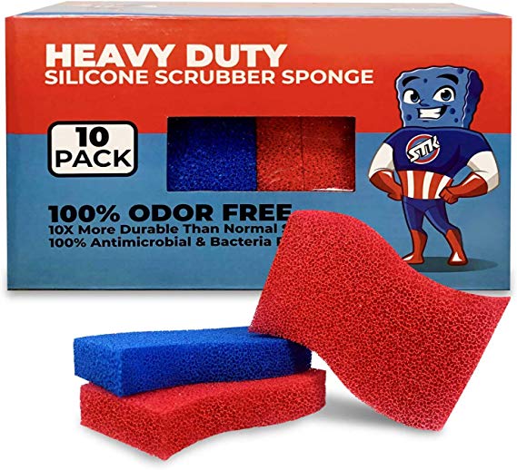 STK Heavy Duty Silicone Scrubber S-Sponges (10 Pack) - Modern Antimicrobial Kitchen Sponges - 100% Mold Mildew and Bacteria Resistant - Zero Smell Technology - Silicone Sponge - 10x More Durable