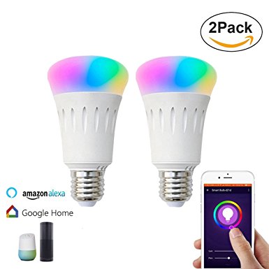 2Pack Smart Bulb Compatible with Alexa,Google Home,Wifi Smart Light Bulb,Dimmable,Timer Switch,Multicolored,No Hub Required,Remote Control,Scene Mode,Wake Up Lights Function