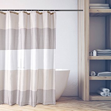 Shower Curtain with 12 Hooks by Buzio, Mildew Resisant Fabric Bathroom Curtain, Water Repellent and Anti-bacterial Yellow and Grey Strip, 72 x 72 Inches