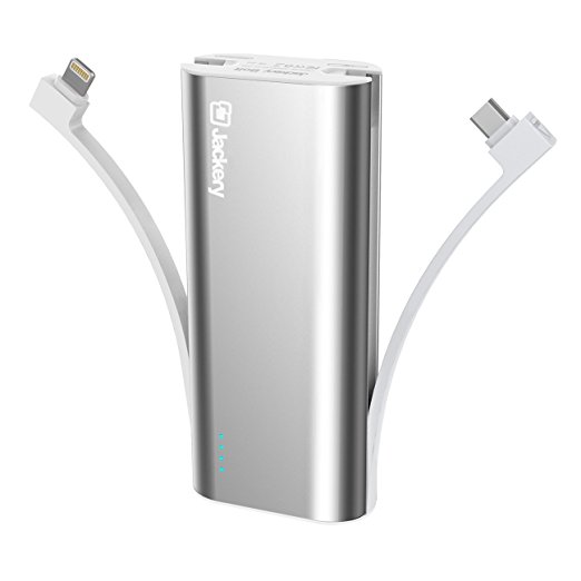 [Apple MFI Certified] Jackery Bolt 6,000 mAh Ultra-Compact External Battery Charger, Portable Power Bank and Travel Charger with Built-in Lightning & Micro USB Cables (Silver)
