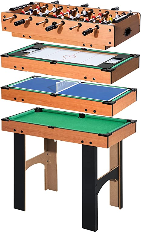 HOMCOM Mesa Multijuegos 4 en 1 Incluye Futbolín Air Hockey Ping-Pong y Billar Mesa de Juegos para Niños y Adultos 87x43x73 cm Natural