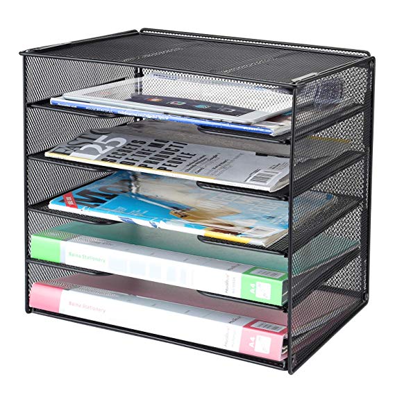 Samstar Desk Organizer, Mesh File Paper Letter Tray with 5 Stackable Trays and Sorter, Black