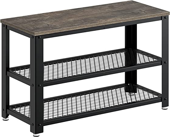 Rolanstar Shoe Bench, 3-Tier Shoe Rack 28.7”, Storage Entry Bench with Mesh Shelves Wood Seat, Rustic Foyer Bench for Hallway Front Door, Doorway, Living Room, Mudroom, Steel Frame, Gray