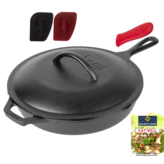 Lodge 10.25 Inch Cast Iron Skillet with Cover, Pre Seasoned Cookware for Stovetop, Oven Cooking, Grill and Induction Safe, Hot Handle Holder, 2 Pan Scrapers, Bundle Includes Salient Home Cookbook