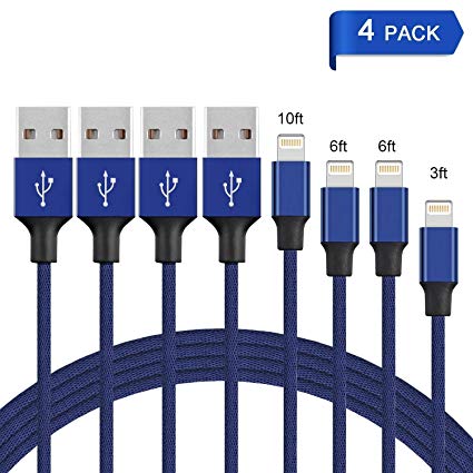 JCHOPE Charger Cable 4Pack 3FT 6FT 6FT 10FT to USB Charging Cable Data Nylon Braided Cord Charger Suitable Compatible Phone Charger X 8Plus 8 7 Plus 7 6s Plus 6 (Blue)