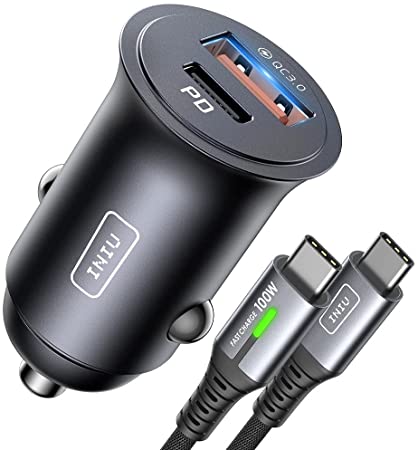 Car Charger, INIU 2 Port Total 60W PD QC 3.0 Fast Charge [USB C USB A] All-Metal Mini Car Adapter with 3.9FT Cable, for iPhone 12 11 Pro XR X 8 Max Mini iPad Samsung S21 S20 MacBook Airpods etc.