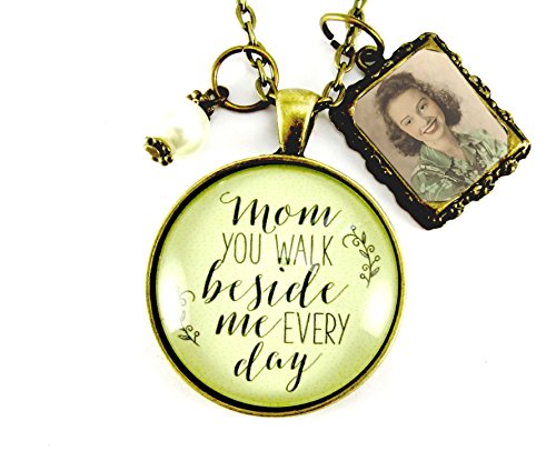 Memorial Necklace Mom, You Walk Beside Me Every Day, Vintage Style Bronze 1.20" Circle Glass Pendant, Bouquet Photo Charm Wedding Memory Jewelry Custom Charm