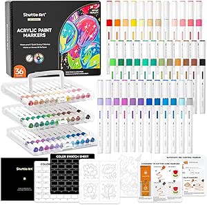 Shuttle Art Automatic Ink Control Acrylic Paint Markers, 36 Colors Brush Tip Acrylic Paint Pens for Rock Painting, Ceramic, Wood, Canvas, Glass, Stone, Fabric, Card Making, DIY & Art Supplies