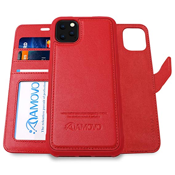 AMOVO Leather Case for iPhone 11 Pro (5.8’’) [Genuine Leather] iPhone 11 Pro Wallet Case Detachable [2 in 1 Folio] [Wristlet] iPhone 11 Pro Leather Folio Case (Genuine Leather Red)