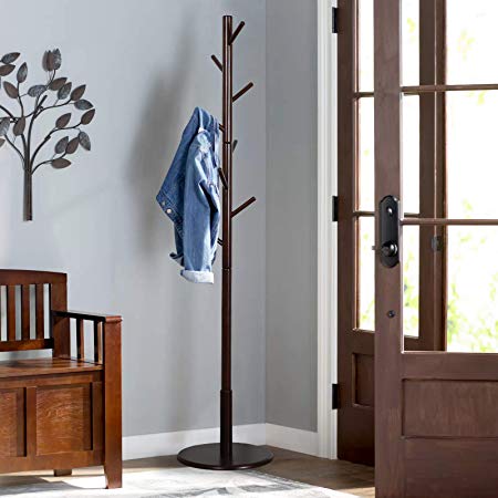 Vlush Sturdy Wooden Coat Rack Stand, Entryway Hall Tree Coat Tree with Solid Round Base for Hat,Clothes,Purse,Scarves,Handbags,Umbrella-(8 Hooks,Brown)