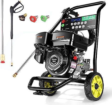 TEANDE 4200PSI Gas Pressure Washer, 3 GPM Commercial Power Washer Gas Powered, 208cc 7.0 HP Engine, Includes 3 QC Nozzles, 25’ Hose