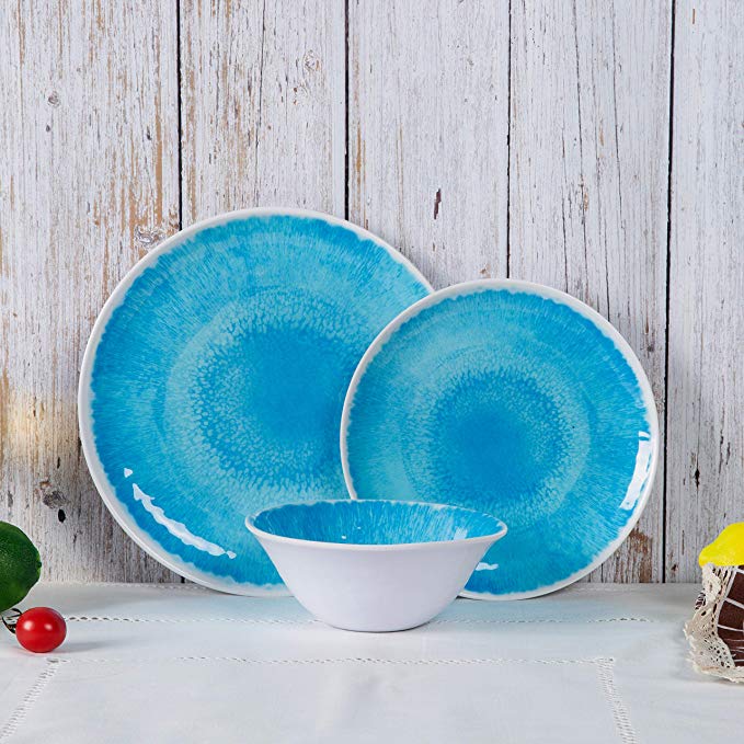 Melamine Dinnerware Set for 4-12pcs Dinnerware Dishes Set for Indoor and Outdoor Use, Dishwasher safe, Blue