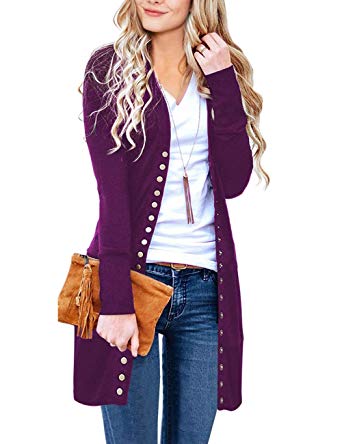 MEROKEETY Women's Long Sleeve Snap Button Down Solid Color Knit Ribbed Neckline Cardigans