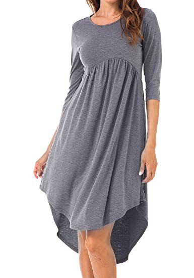 Levaca Women's Scoop Neck Pockets High Low Pleated Loose Swing Casual Midi Dress