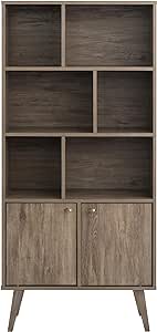 Prepac Milo Mid-Century Modern Bookcase with Six Shelves, Two Doors, and Brushed Brass-Finished Knobs