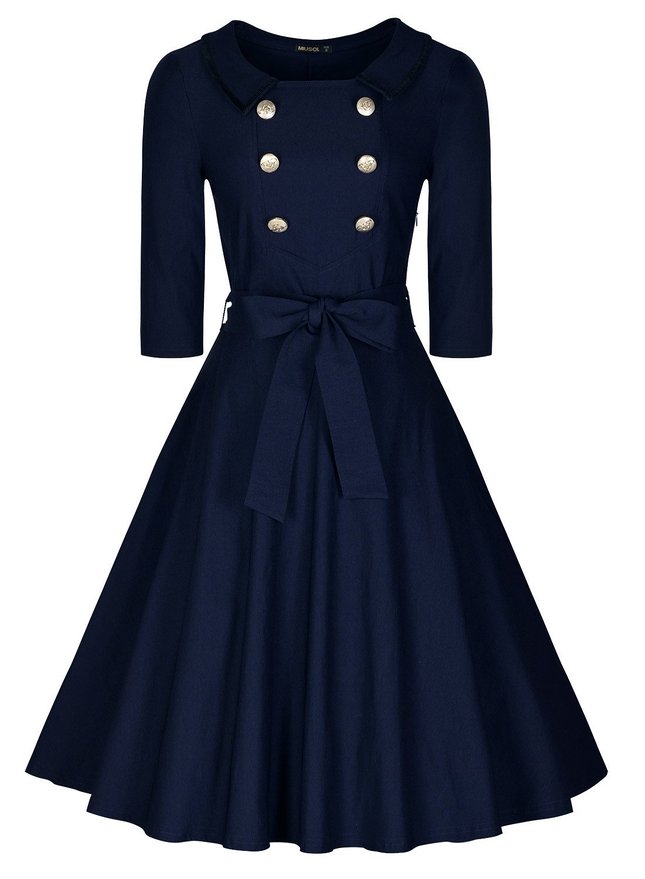 Miusolreg Womens 34 Sleeve Classy Casual Belted Vintage Retro Evening Swing Dress