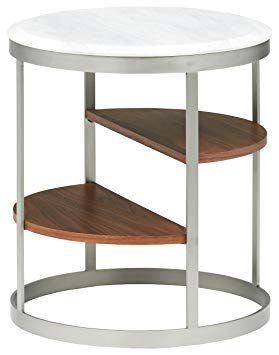 Rivet Round Three-Shelf White Marble and Stainless Steel Side Table