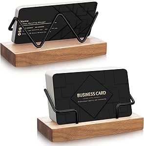 Amyhill 2 Pieces Wood Business Card Holder for Desk Wooden Business Card Display Stand Postcard Holder for Office Home Desktop (Light Wood Color, Black)