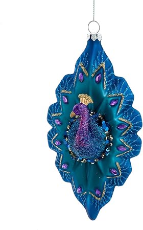 Kurt S. Adler Peacock Themed Purple Blue Teal Green Ornaments (6.5” Glass Teal Blue Purple Peacock Christmas Ornaments Bird H1624)