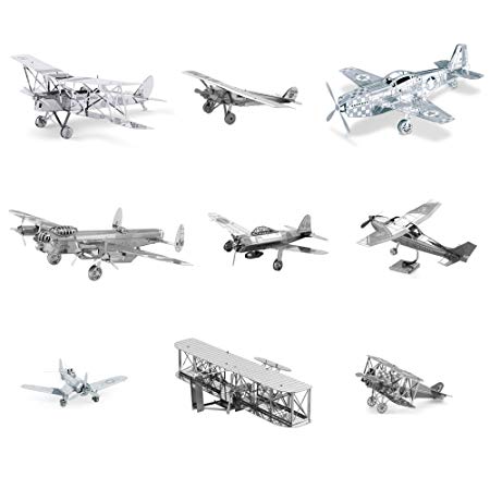 Metal Earth 3D Model Kits Set of 9 Planes: Spirit of St Louis - Wright Brothers - P-51 Mustang - Avro Lancaster Bomber - de Havilland Tiger Moth DH82 - Cessna Skyhawk - Mitsubishi Zero - Fokker D-VII - F4U Corsair