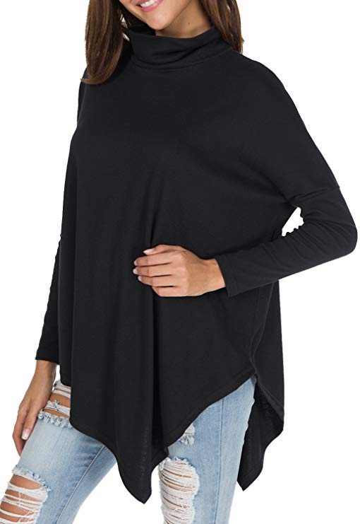 levaca Women's Long Batwing Sleeve Turtleneck Hankerchief Hem Loose Casual Tunic