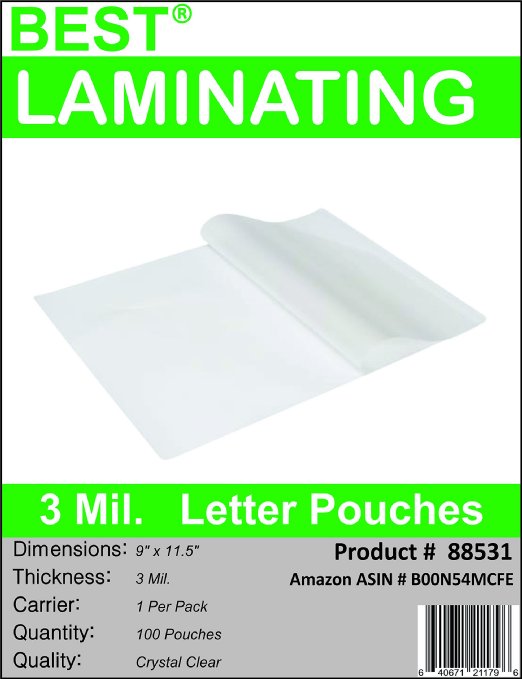 Best Laminating® - 3 Mil Clear Letter Size Thermal Laminating Pouches - 9 X 11.5 - Qty 100