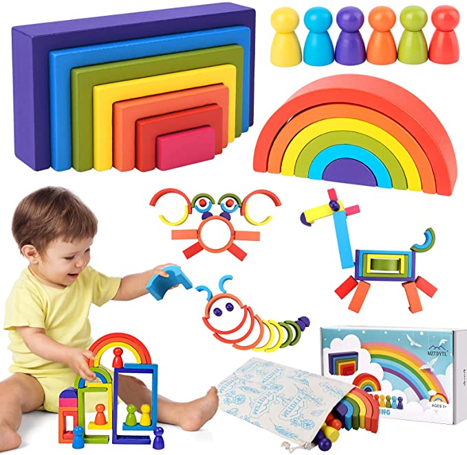 Wooden Toys Rainbow Stacker Puzzle, Toddlers 1-3 Stacking Toy Building Blocks Open Ended Montessori Nesting and Sensory Fidget Creative Color Shape Matching Game Set Early Educational Gift Toy
