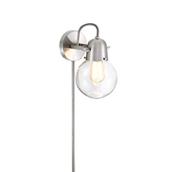 Rivet Mid-Century Modern Brushed Nickel 1-Light Plug-In Wall Sconce, 9.75" H, With LED Bulb, Glass Shade