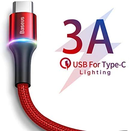 USB Type C Cable, Baseus Fast Charger 6.6FT USB-C Cable, Nylon Braided USB-A to Type-C LED Charging Cord for Samsung Galaxy S20 S10 S9 S8 Plus, Note 10 9 8, Redmi Note 8/13, Huawei, LG, NS, Red
