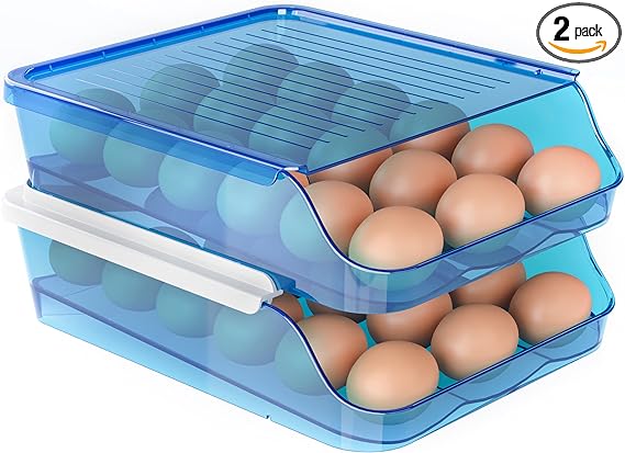 Utopia Kitchen Rolling Egg Container for Refrigerator with Lid - Pack of 2 Stackable Plastic Egg Holder for Refrigerator - Grey Egg Tray for Refrigerator or Fridge Organizer