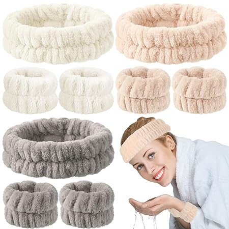 9 Pcs Reusable Spa Headband Wrist Washband Face Wash Set Include 3 Microfiber Headband 6 Wrist Washband for Women Girls Avoid Liquid from Spilling Down Arms (Khaki, Beige, Light Yellow,Solid Style)